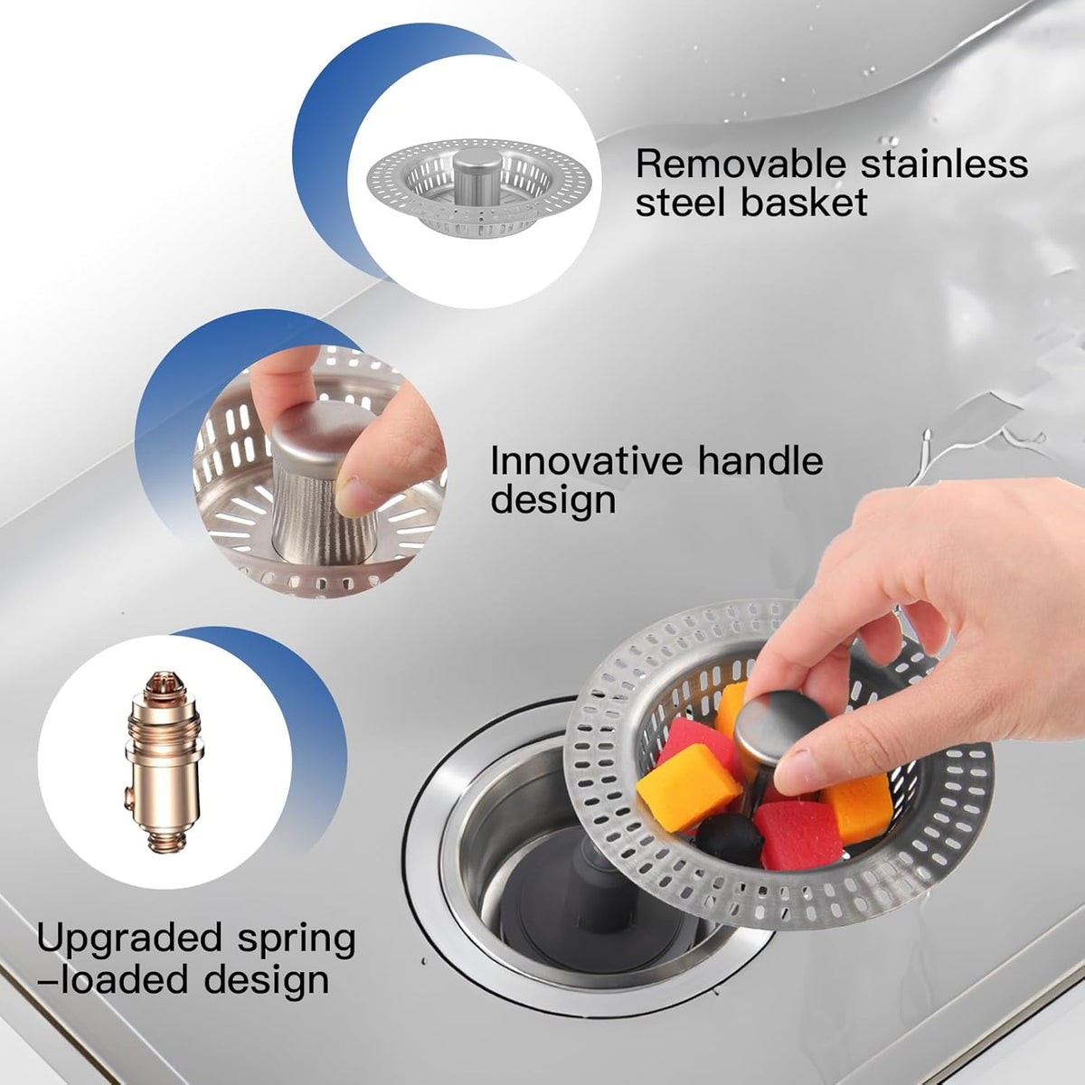3 in 1 Kitchen Sink Drain Strainer Stopper, Stainless Steel Pop Up Sink Stopper with Anti-Clogging Basket Strainer Width 3.07" Height 1.77 for Deep Sink (Silver)