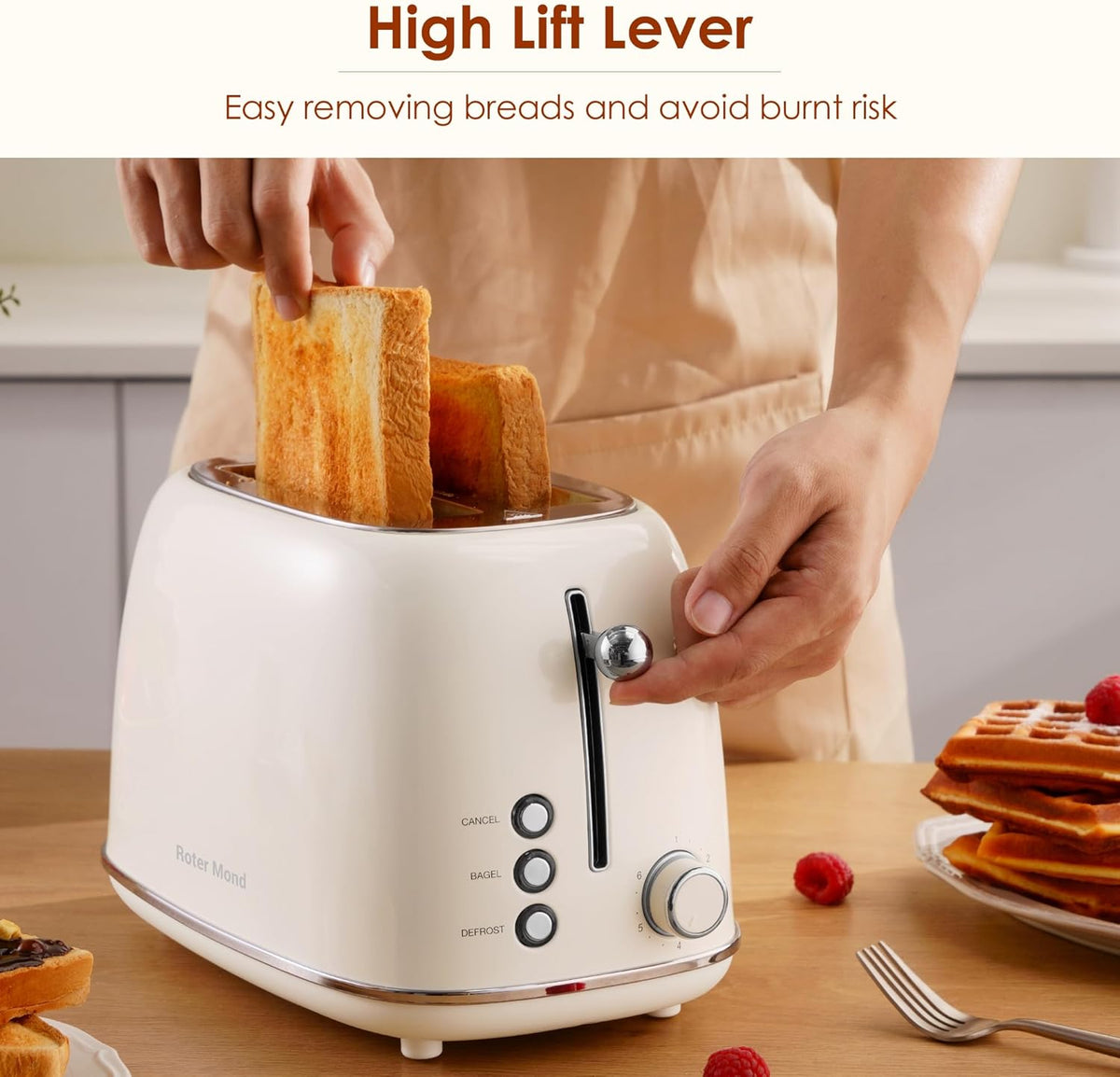2 Slice Toaster Retro Stainless Steel with Bagel, Cancel, and Defrost Functions, 6 Bread Shade Settings, Extra Wide Slots and Removable Crumb Tray, Cream