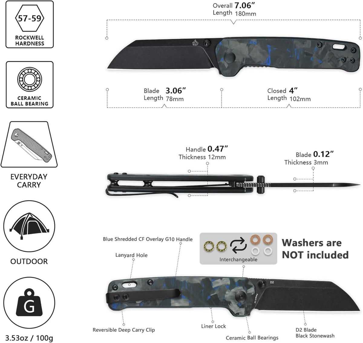 QSP Penguin V2 Folding Pocket Knife, 3.06" D2 Black Stonewash Blade EDC Knife, Blue Shredded CF Overlay G10 Handle, Liner Lock, Ceramic Ball Bearings, Reversible SS Deep Carry Clip