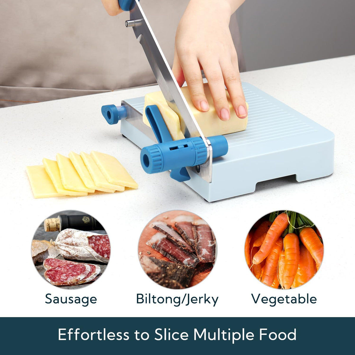 KITCHENDAO Multipurpose Cheese Slicer Cutter with Board for Arthritic and Weak Hands, Adjustable Thickness Dial for Block Cheese, Effortless Slicing, Guillotine Sausage Ham Biltong Jerky Slicer