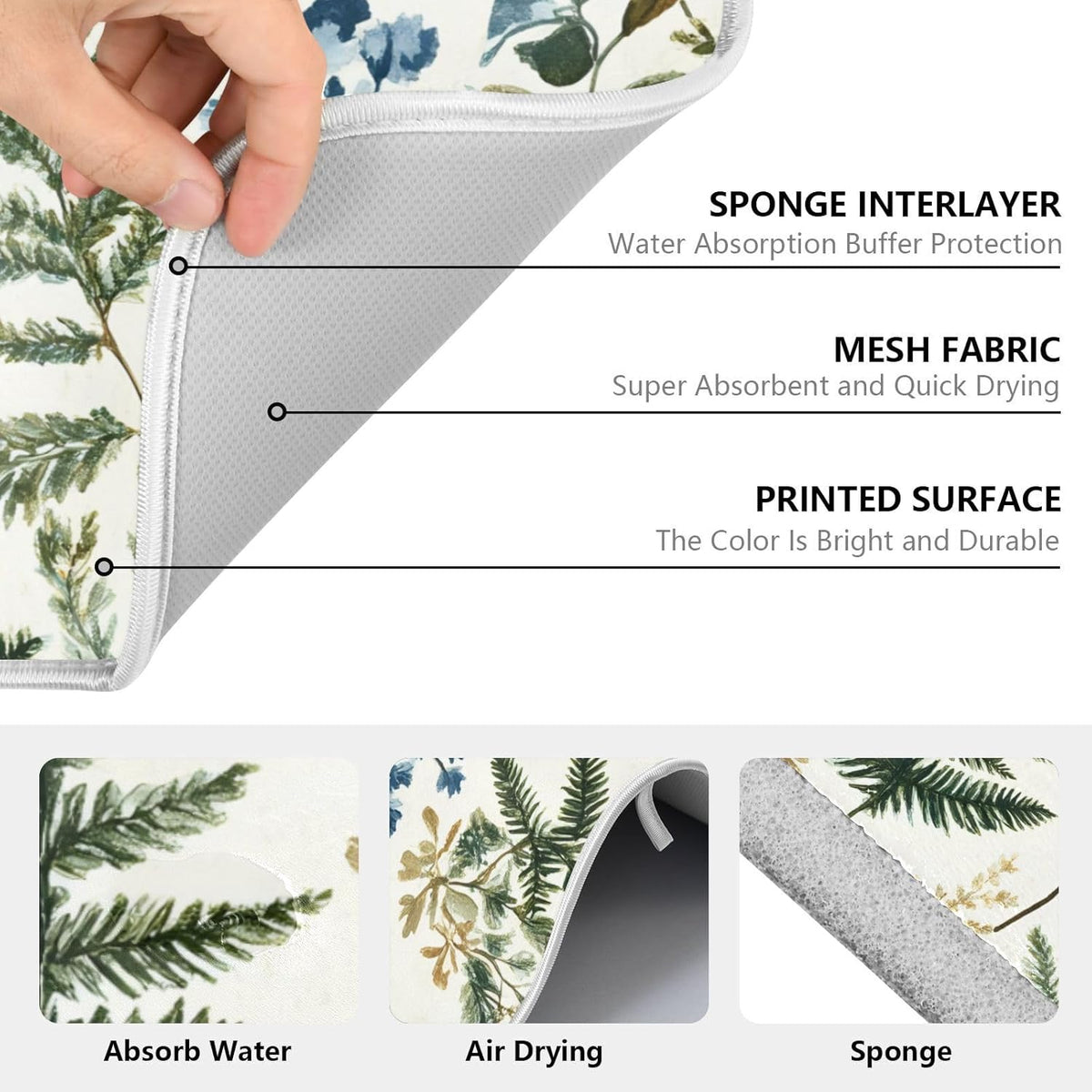 Vintage Herbs Fern Leaves Floral Plant02 Dish Drying Mat for Kitchen Counter Absorbent Microfiber Small Drying Pad Dish mats for Kitchen Countertops 16 x 18 Inch