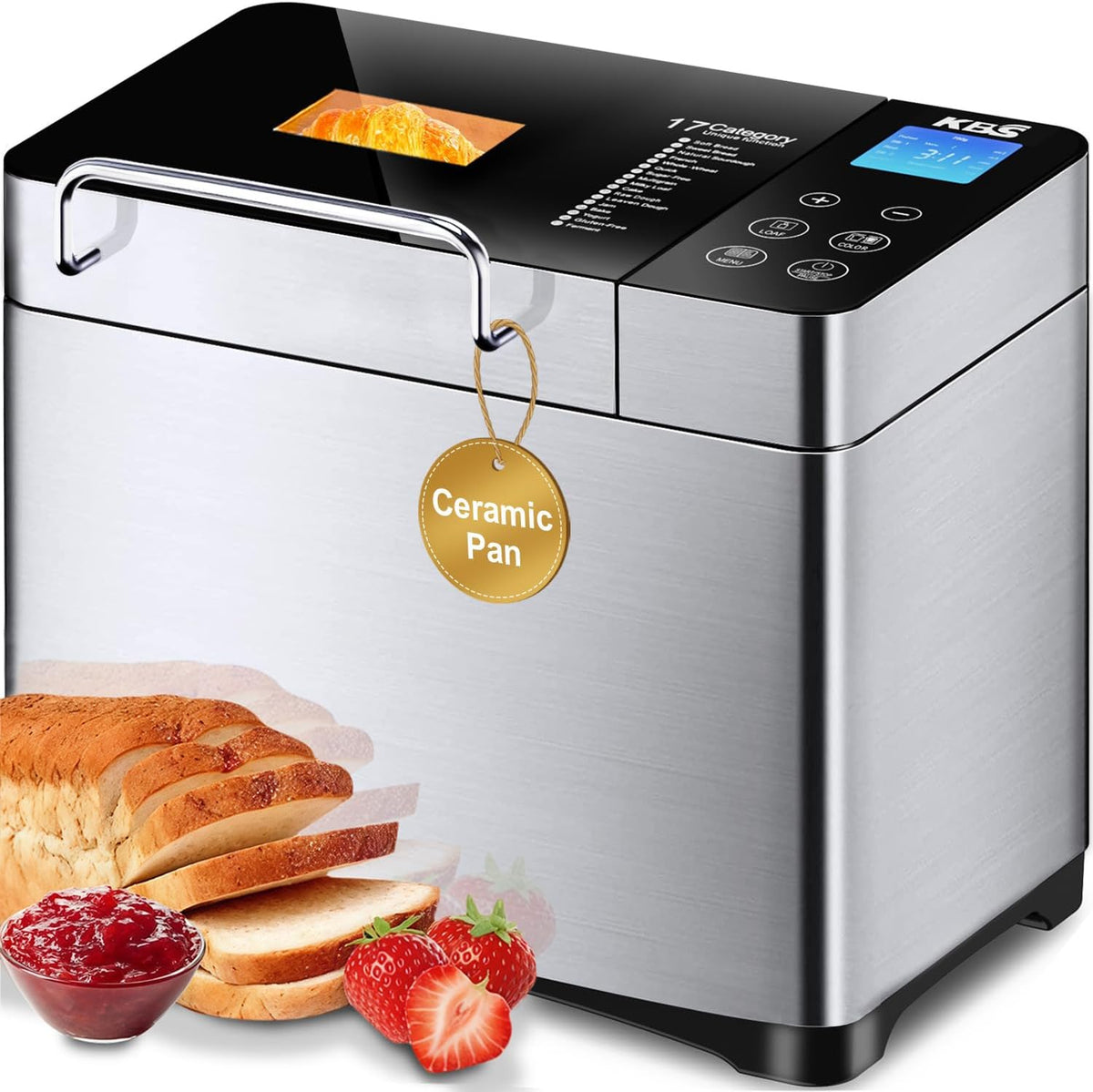 KBS Pro Stainless Steel Bread Machine, 2LB 17-in-1 Programmable XL Bread Maker with Fruit Nut Dispenser, Nonstick Ceramic Pan& Digital Touch Panel, 3 Loaf Sizes 3 Crust Colors, Reserve& Keep Warm Set