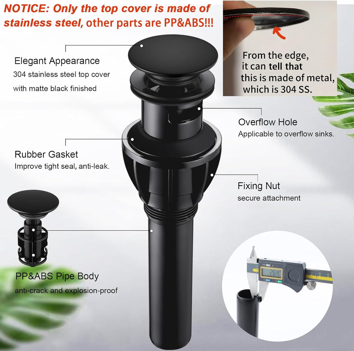 Bathroom Sink Drain, Pop Up Drain Stopper with Overflow, Lavatory Vanity Vessel Sink Drain Assembly, Matte Black
