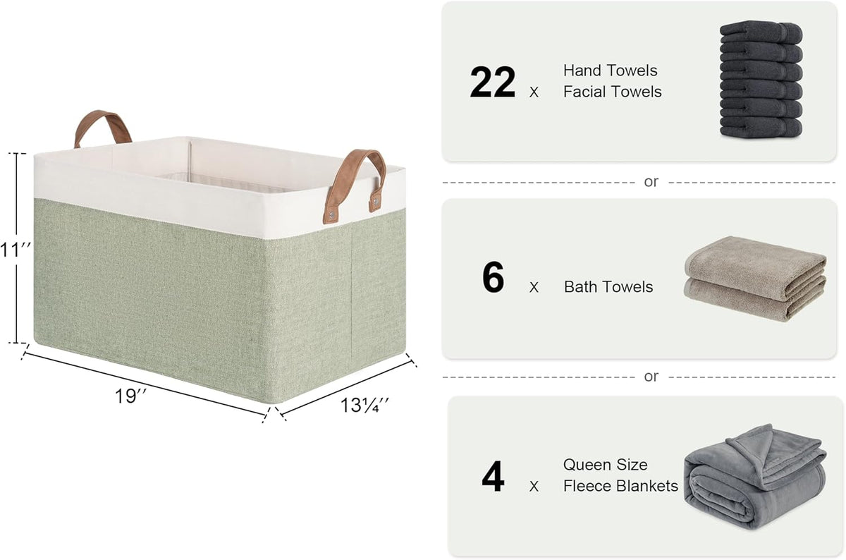 StorageWorks Storage Bins, Fabric Storage Bins for Shelves, Extra Large Storage Baskets with Metal Frame, Closet Baskets and Bins with Handles, Jumbo, Green and White, 2-Pack