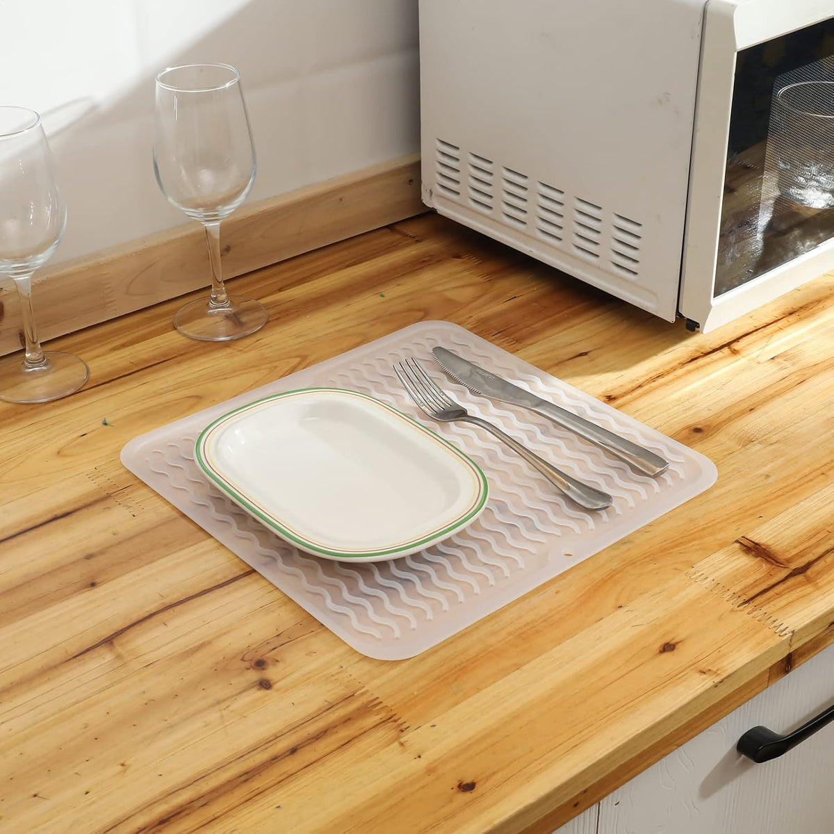 Silicone Dish Drying Mat for Multiple Usage,Easy clean,Eco-friendly,Heat-resistant Silicone Mat for Kitchen Counter or Sink,Refrigerator or Drawer liner Translucent M 12 inches x 12 inches