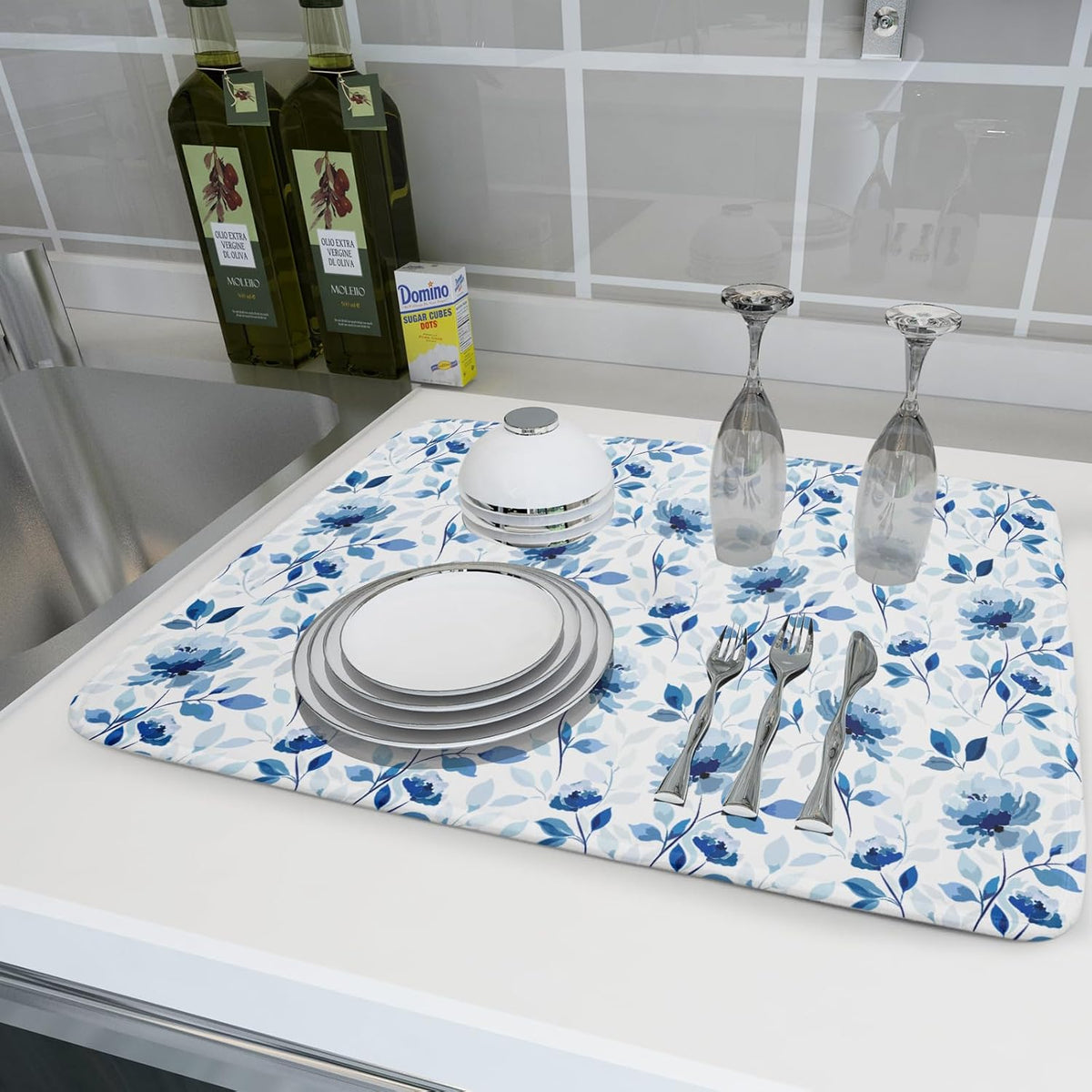 Blue Floral Dish Drying Mat 18x24 inch Flower Leaves Dish Rack Pad Microfiber Washable Dishes Drainer Pad Kitchen Countertop Accessories