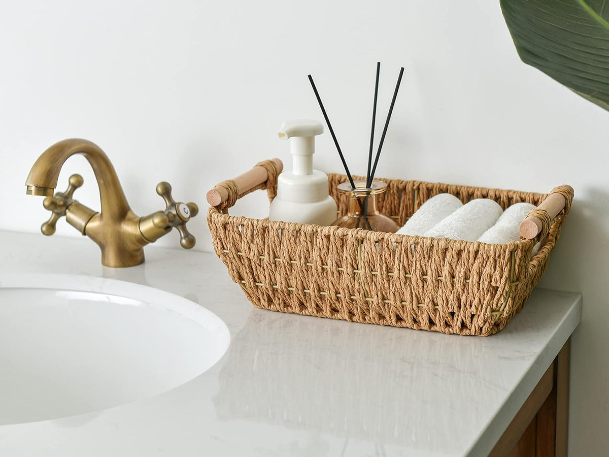 StorageWorks Hand-Woven Small Wicker Baskets, Round Paper Rope Storage Baskets with Wooden Handles, Light Brown, 2-Pack
