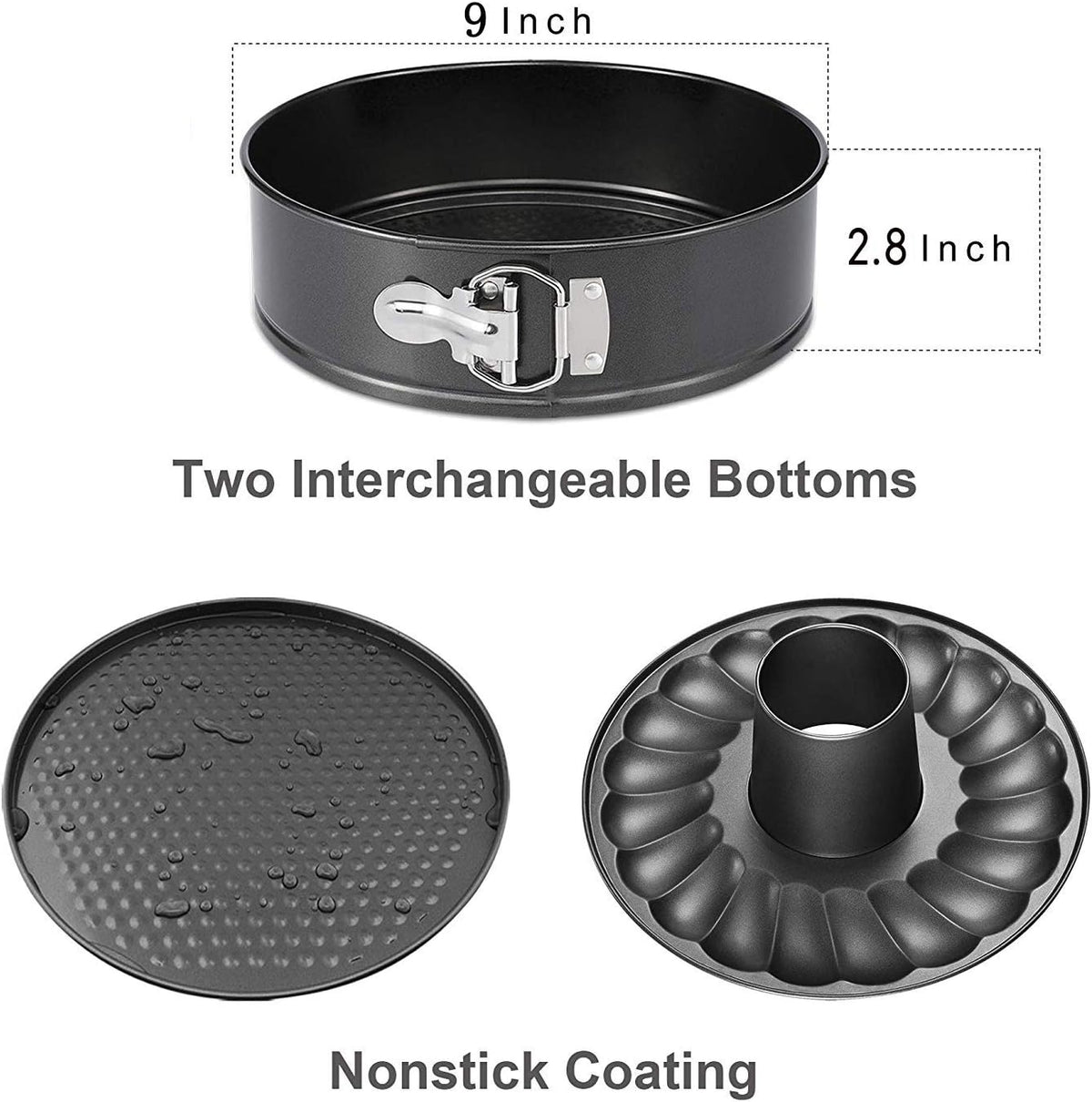 Gray 9 Inch Springform Bundt Pan, Heavy Duty Cheesecake & Ice-Cream Cake Pan with Removable Bottom and Quick-Release Latch