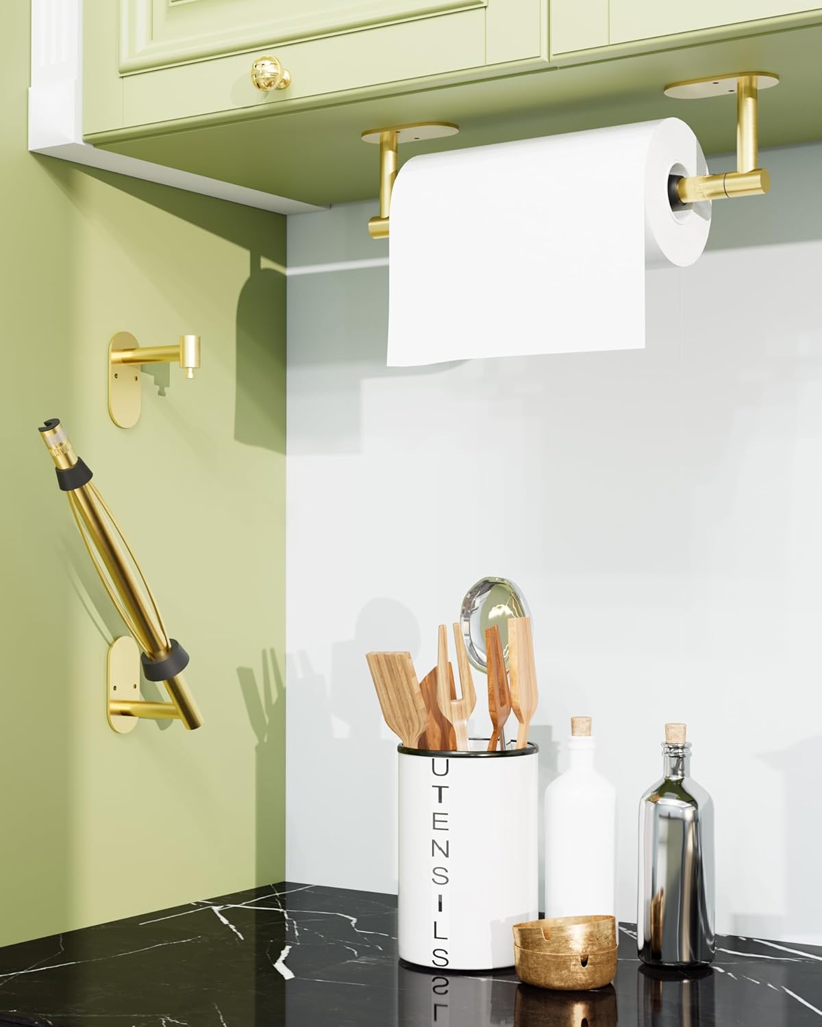 Paper Towel Holder Under Cabinet, Single Hand Operable Roll Holder with Damping Effect,No Drilling or Wall Mounted SUS304 Stainless Steel for Kitchen Bathroom (Brushed Gold)