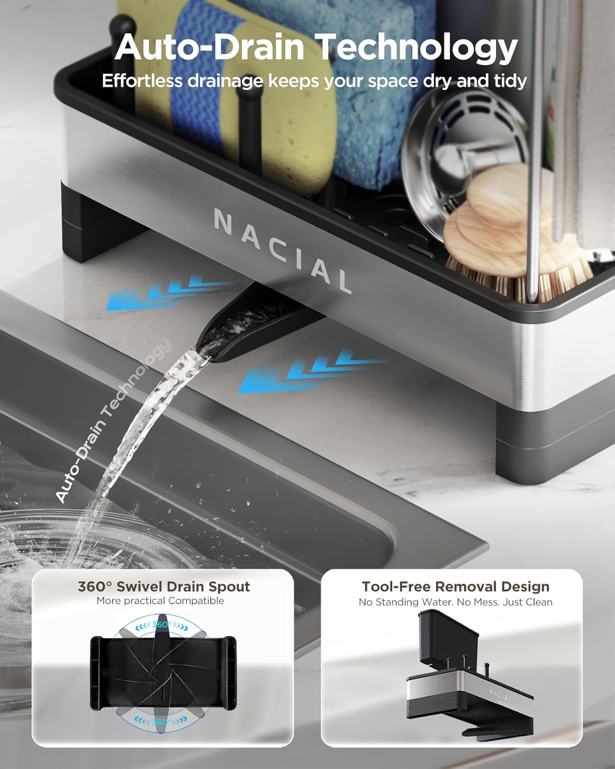 Nacial Kitchen Sink Caddy Organzier with High Brush Holder, Sponge Holder for Kitchen Sink with Two Towel Racks & Soap Dispenser- Rustproof 304 Stainless Steel Kitchen Countertop Storage Essentials