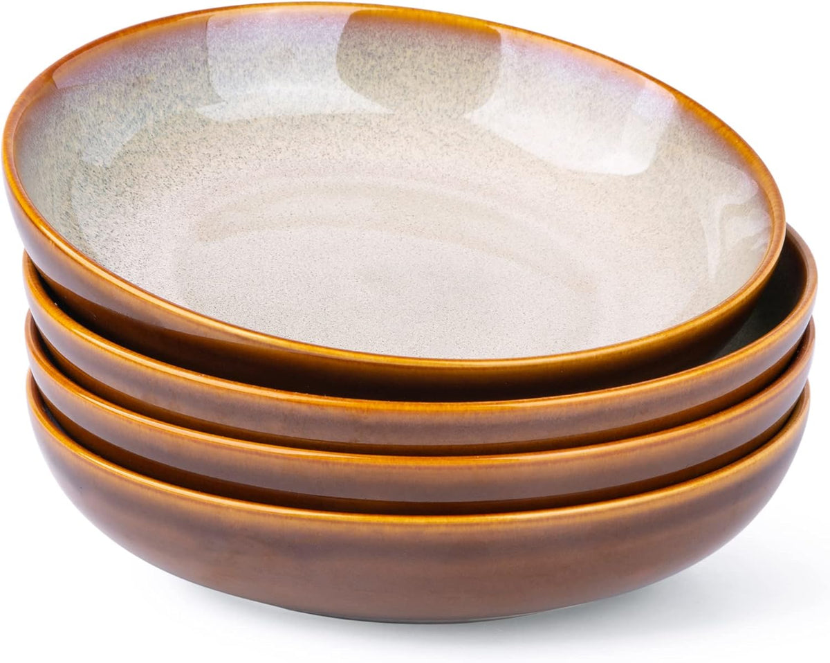 LERATIO Large Pasta Bowls,38oz Ceramic Pasta Bowls,9.0" Reactive Glaze Pasta Bowl Set of 4,Microwave & Dishwasher,Oven Safe,Wide Serving Bowls for Salad,Pasta,Fruit,Scratch Resistant-Khaki