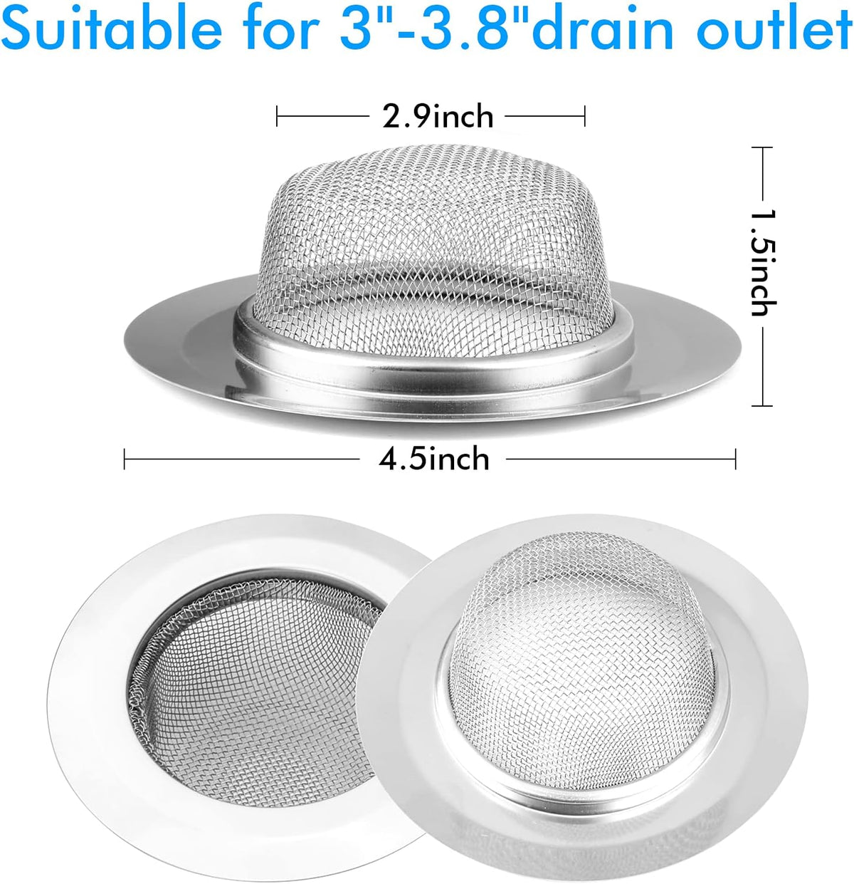 2Pcs Kitchen Sink Strainer, Stainless Steel Mesh Sink Drain Cover, Large Wide Rim 4.5" Diameter Sink Drain Strainer Basket Catcher