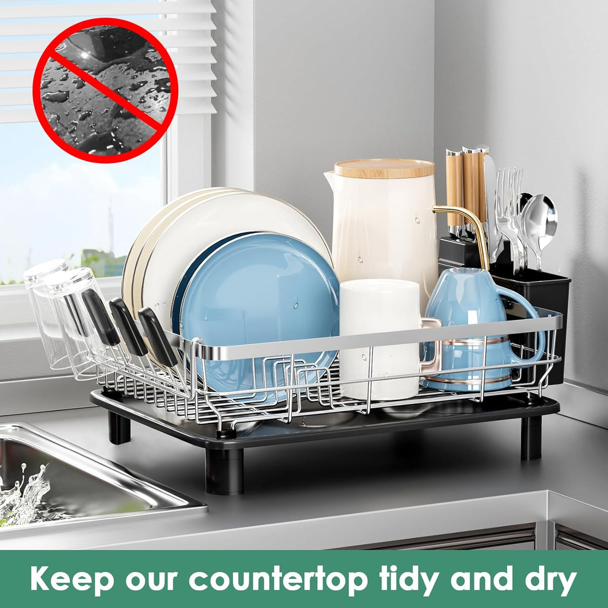 MOUKABAL Dish Drying Rack - Stainless Steel Dish Rack, Dish Racks for Kitchen Counter, Drying Rack Kitchen with Removable Utensil Holder, Drainboard and Glass Organizer (Black)