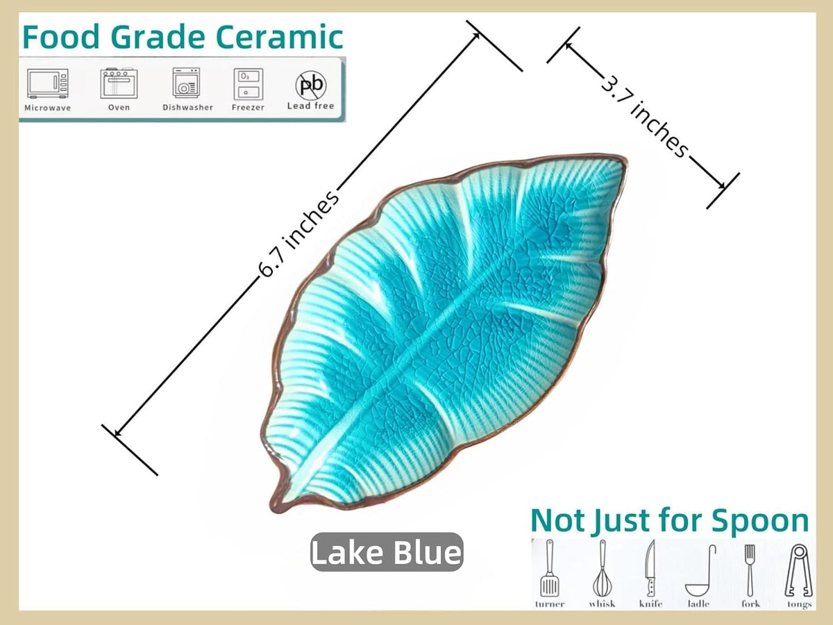 Ceramic Spoon Rest for Stove Top, Ice Cracks Leaf Cute Spoon Rest for Kitchen Counter, Cooking Spoon Holder for Kitchen Counter, Utensil Rest for Spoon Spatula Ladle or Tong, 1 PCS (B, Lake Blue)