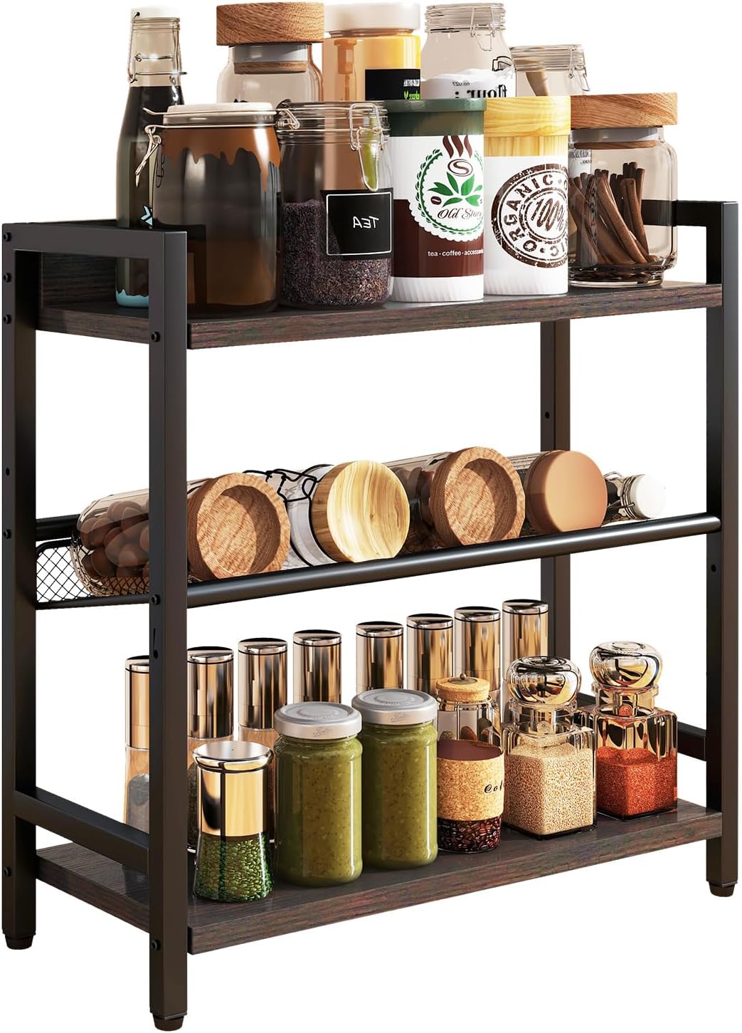 IBUYKE 3-Tier Spice Rack Industrial Counter Shelf Desktop Storage Organizer Standing Seasoning Rack for Countertop Kitchen Office Living Room Desktop Dark Grey UTLJ021G
