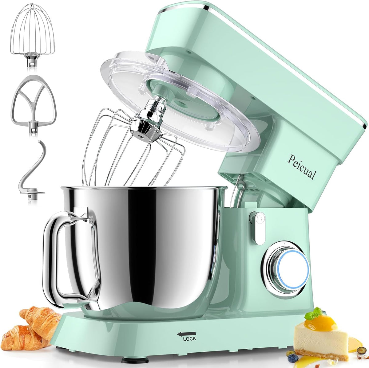Stand Mixer, 6QT 10+P Speed Tilt-Head Kitchen Electric Mixer, Food Mixer with Stainless Steel Bowl, Dough Hook, Flat Beater, Wire Whisk, Splash Guard for Daily Use -Green