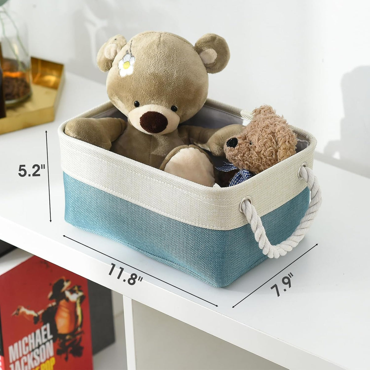 TheWarmHome Fabric Storage Bin with Handles,Storage Basket for Home Storage and Organization, Shelf Basket with Cover for Living Room Bedroom Decor Closet（White & Green,Small ,11.8L×7.9W×5.2H
