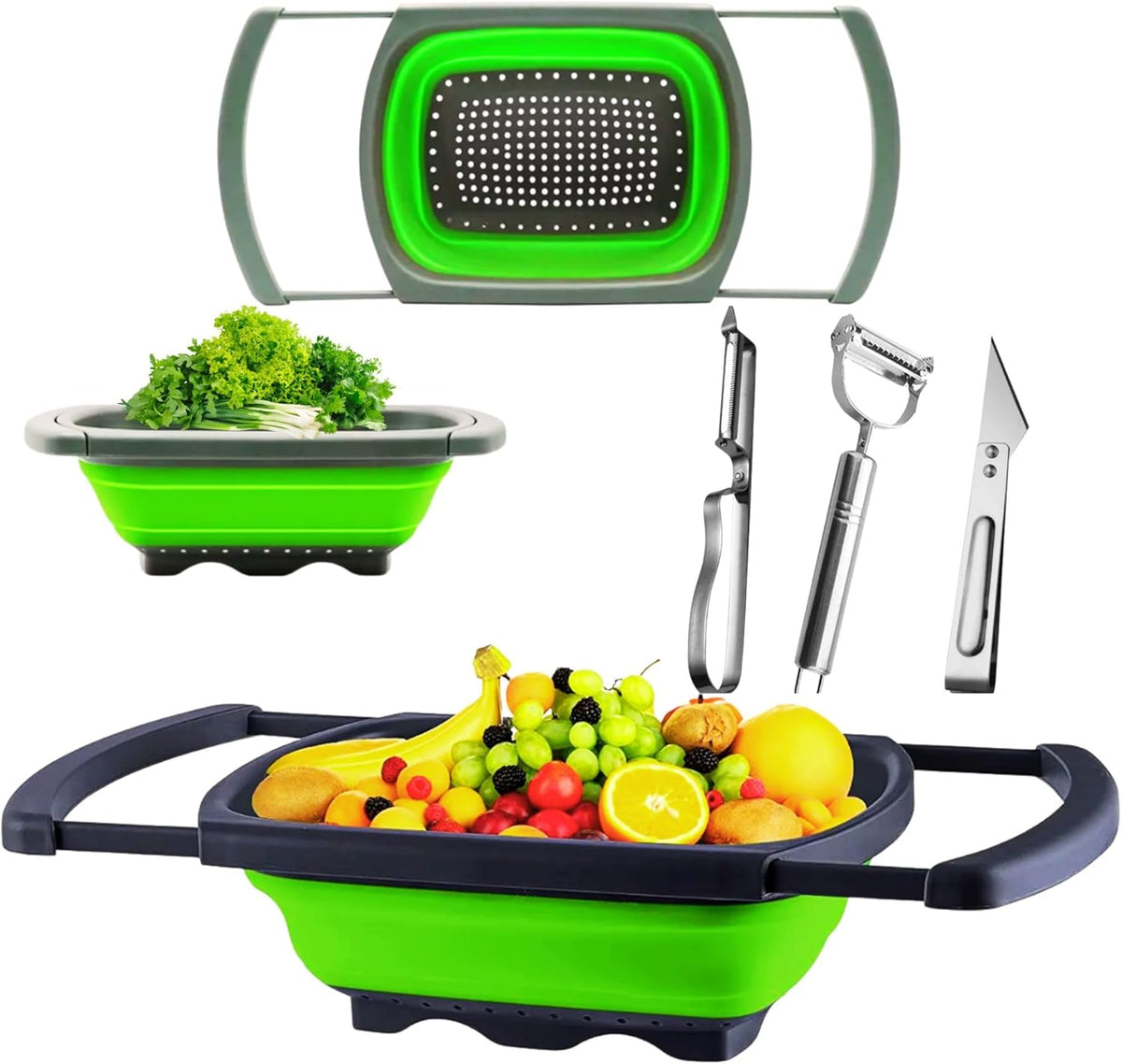 Collapsible Silicone Over-the-Sink Colander – 6-Quart Foldable Strainer with Extendable Handles & 3 Bonus Peelers, Perfect for Vegetables, Fruits, and Pasta (Green)