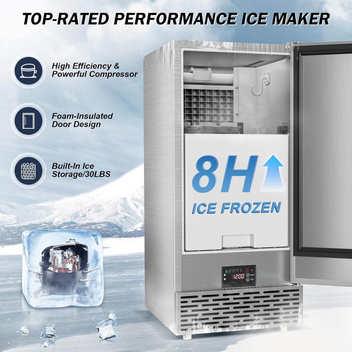 Under Counter Ice Maker Machine - 120 LBS/Day, Built in/Freestanding Placed, Auto-Cleaning,Reversible Door, Built 25LBS Ice Storage, Stainless Steel Ice Machine for Home & Commerial Outdoor Use