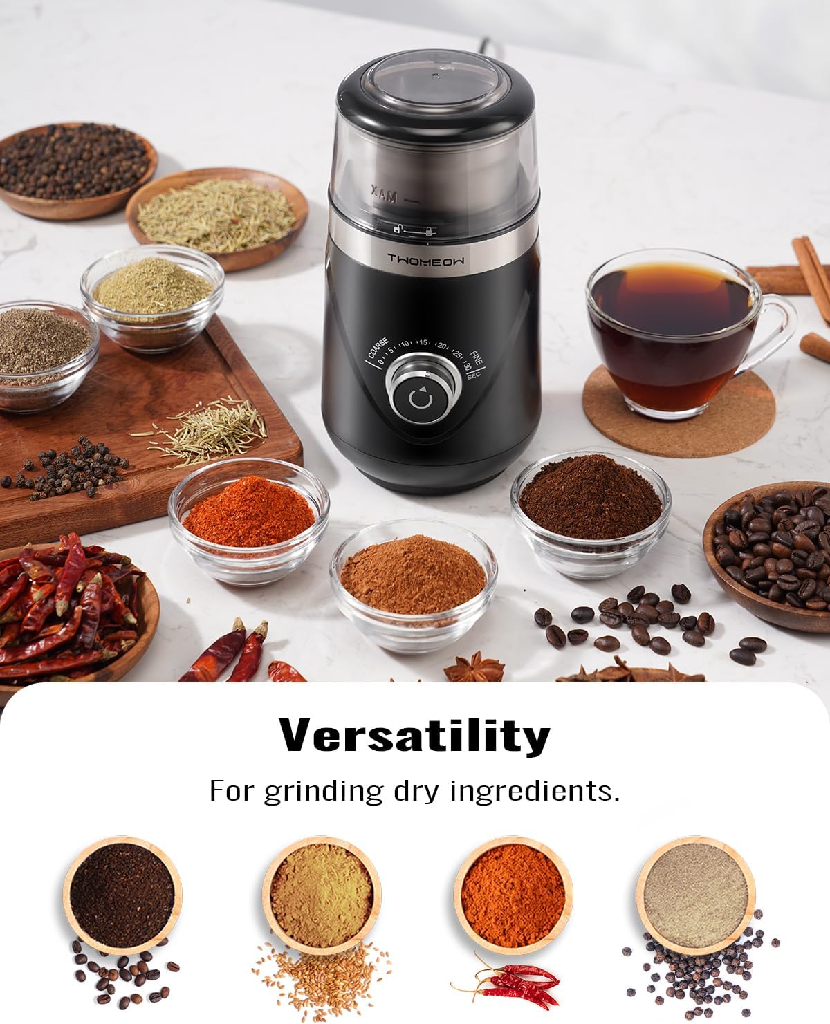 Electric Coffee Grinder with Timing Knob, Electric Quiet Grinder, High-Speed Bean and Spice Grinder with Removable Stainless Steel Bowl, Black