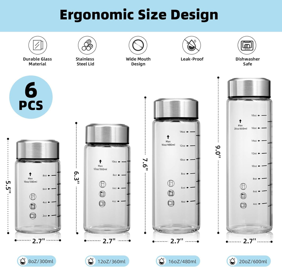 Glass Juice Bottles 6 Pack 10 oz - Wide Mouth Glass Water Bottles with Lids - Borosilicate,Stainless Steel Lids for Juicing, Smoothies, Infused Water, Beverage Storage, Leakproof, Reusable,BPA Free