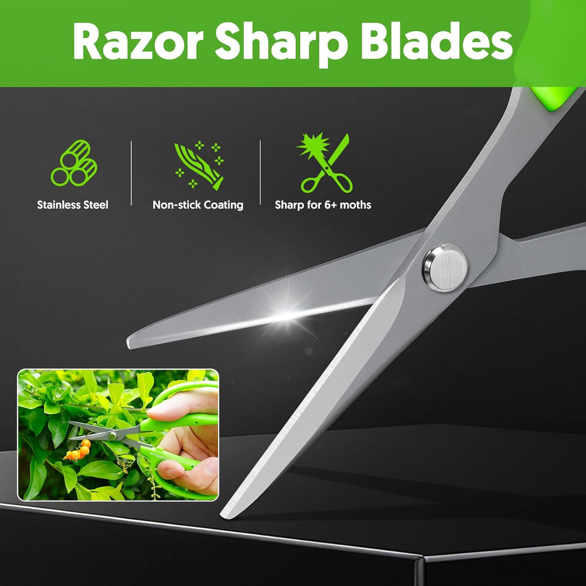 Garden Scissors, 6in Pruning Shears Snips Non-stick Coated Sharp Steel Blades - Gardening Tools Garden Shears for Plants Herb Flowers in Grow Tent and Hydroponics, Curved Blade