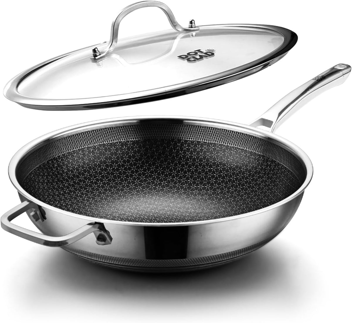 Wok pan,Hybrid 12 inch Wok with Lid, PFOA Free Cookware,non stick Stainless Steel Woks & Stir-fry pans Nonstick, Dishwasher and Oven Safe, Works on Induction