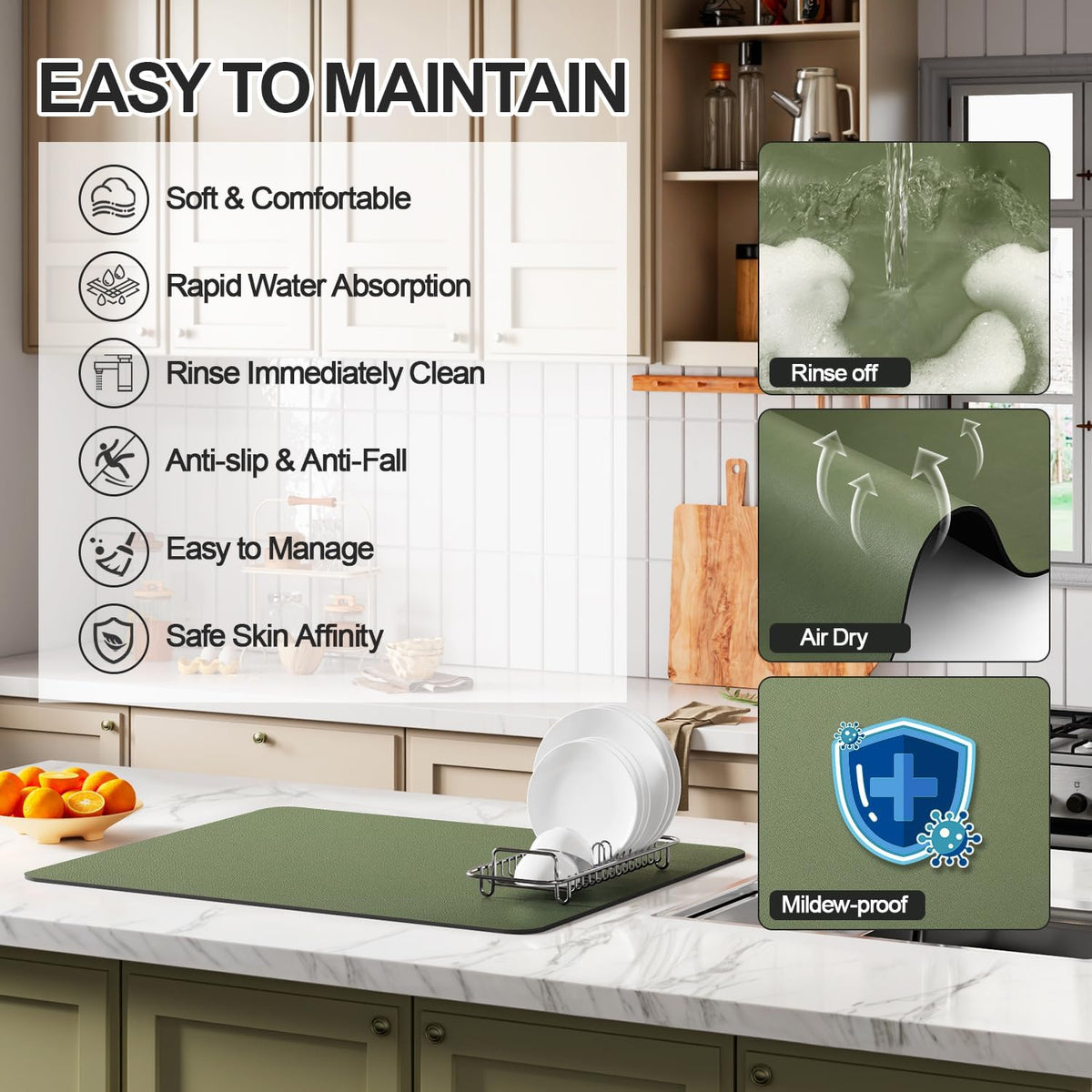 Dish Drying Mat for Kitchen Counter | Coffee Bar Mat for Countertops | Heat Resistant Drainer Mat with Non-slip Rubber Backed | Hide Stain Kitchen Absorbent Draining Mat | Green 16"x24"