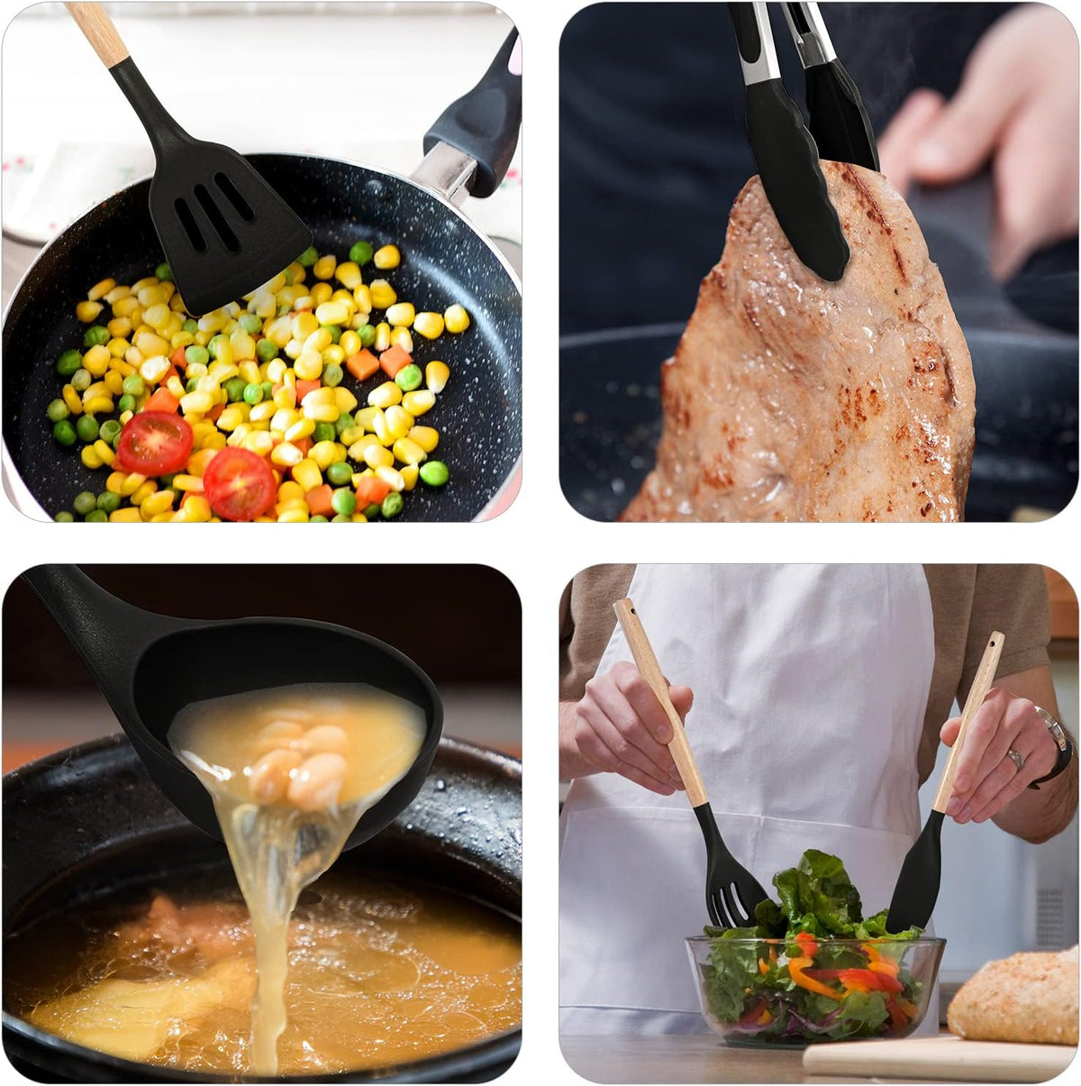 Non-Stick Silicone Cooking Utensils Set, 5 Pcs with Wooden Handle, Heat Resistant Silicone Kitchen Gadgets (Black)
