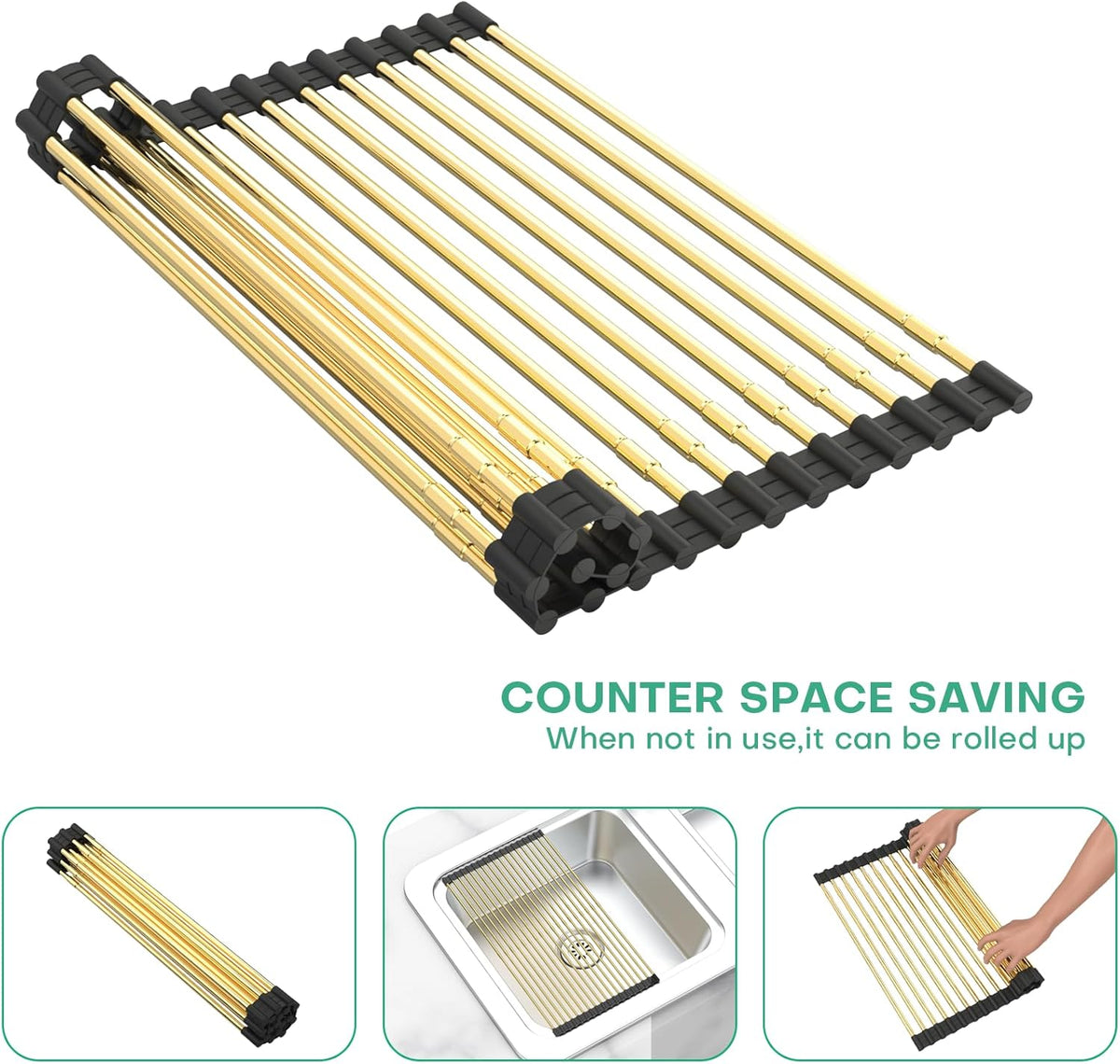 Expandable Large Draining Rack, Roll Up Heat-Resistant Dish Drainer for Stainless Steel Sinks, Collapsible Over The Sink Rack Non-Slip Silicone Rolling Up Rack Gold 18 Tube
