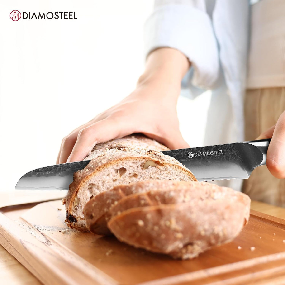 Bread Knife - 8-Inch Serrated Bread Knife - Hammered Black Oxide Blade Japanese 9CR18MOV High Carbon Stainless Steel Sharp Bread Cutter Knife - Ergonomic Pakkawood Handle with Present Box