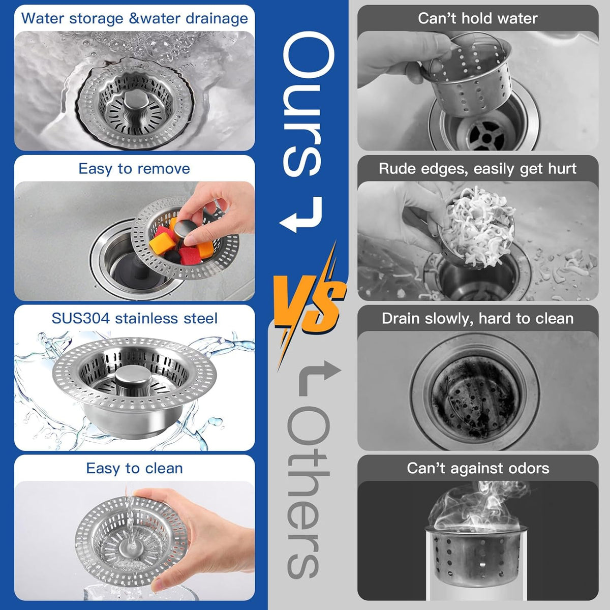 3 in 1 Kitchen Sink Drain Strainer Stopper, Stainless Steel Pop Up Sink Stopper with Anti-Clogging Basket Strainer Width 3.07" Height 1.77 for Deep Sink (Silver)