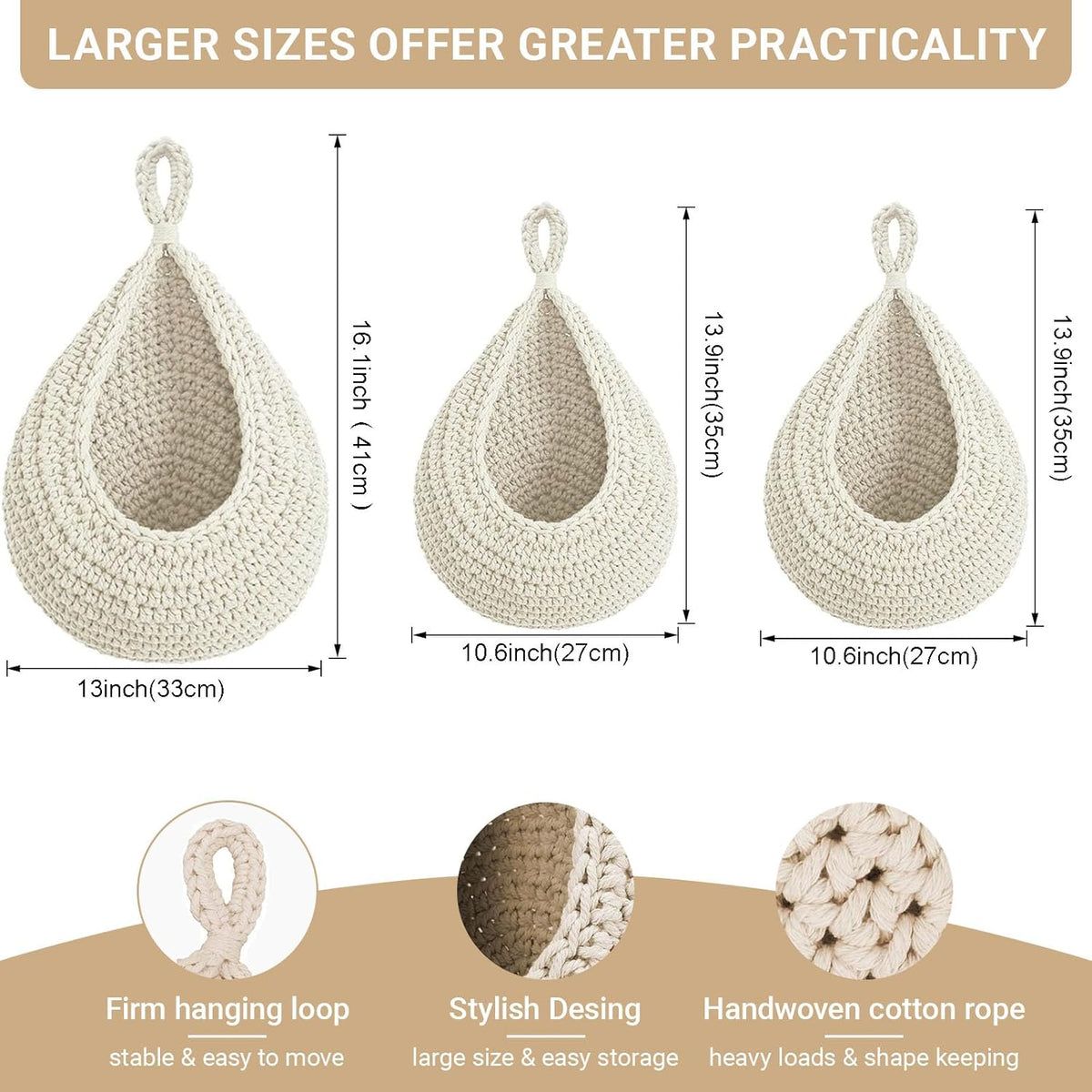Hanging Fruit Baskets for Kitchen, 3 Pack Boho Cotton Rope Handwoven Vegetable Storage Wall Mounted Large Organizing Basket for Farmhouse Decor, Onion, Potato, Garlic and Plants (White)