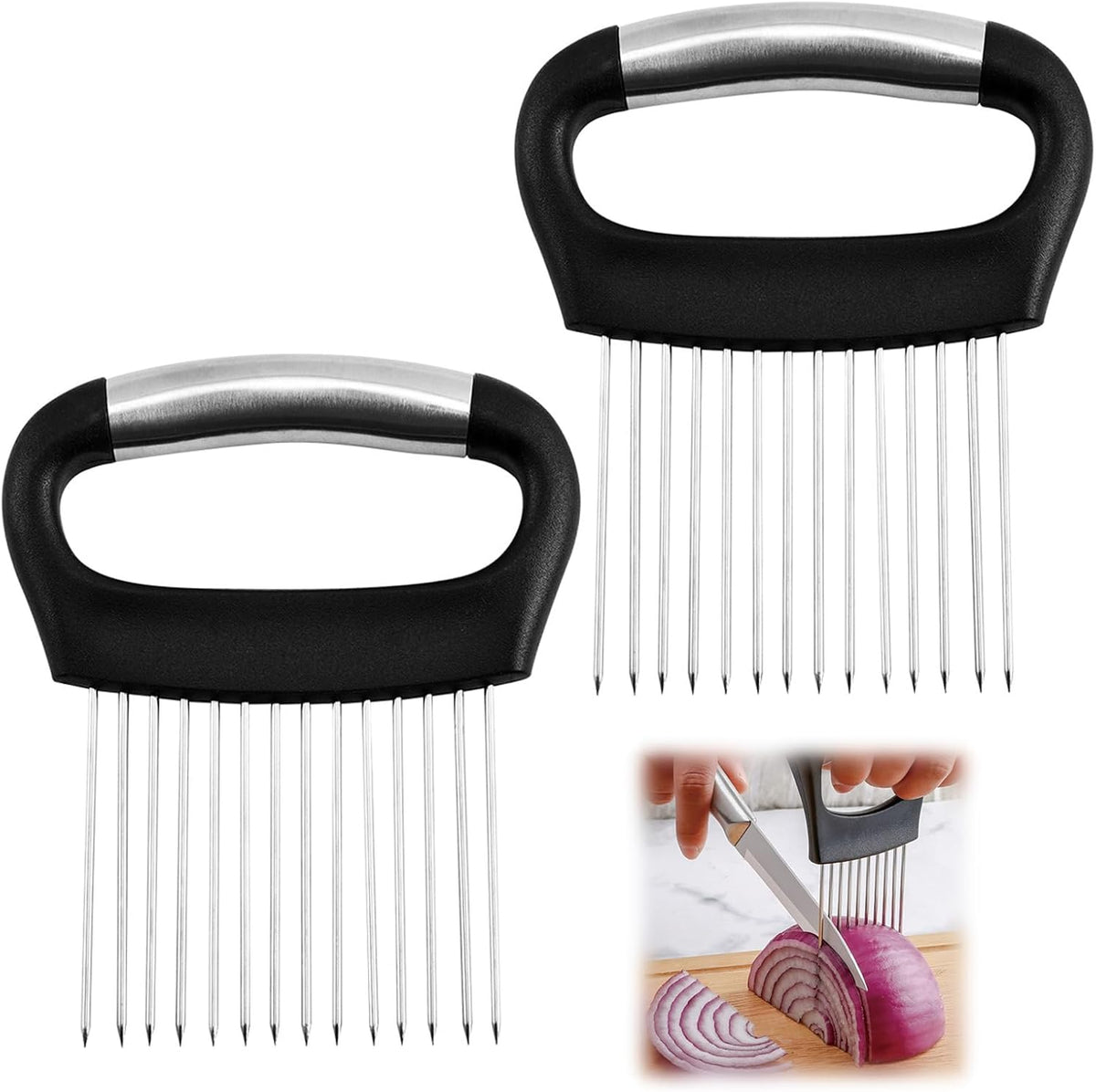 Stainless Steel Onion Slicer Holder, Onion Holder for Slicing & Onion Cutter, Tomato Slicer for Vegetables (Onions, Tomatoes, Potatoes, Avocados, Eggs), Kitchen Slicing Assistant Tool (B-2 PCS)