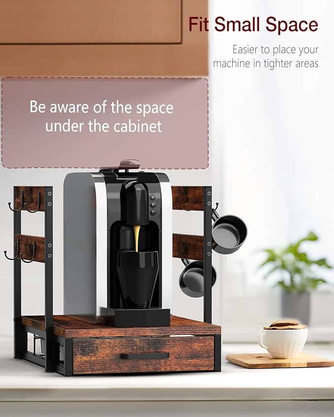 Evermagin Coffee Pod Holder, Vertuo Pod Holder Compatible with Nespresso, 28 Large or 56 Small Nespresso Capsule Organizer Drawer Station with Cup Rack, Rustic Brown