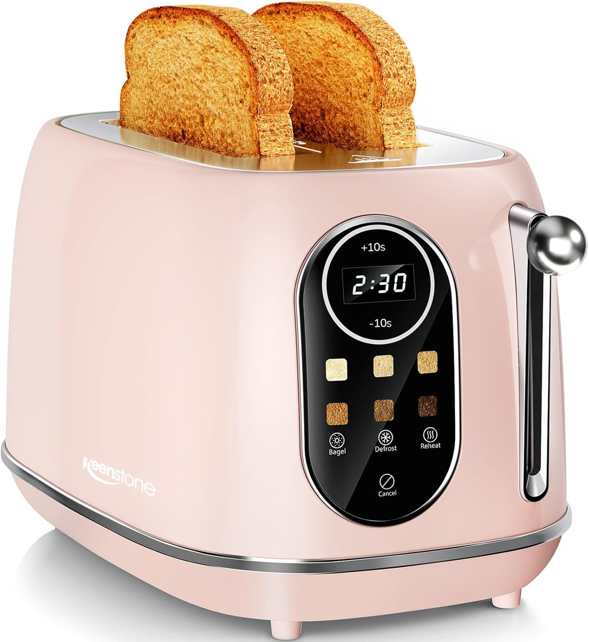Keenstone Smart Touch Screen Toaster 2 Slice, Retro Wide Slot Stainless Steel Toaster with 6 Browning Levels, Reheat & Defrost, for Bagel, Toast, Bread, Removable Crumb Tray, Pink