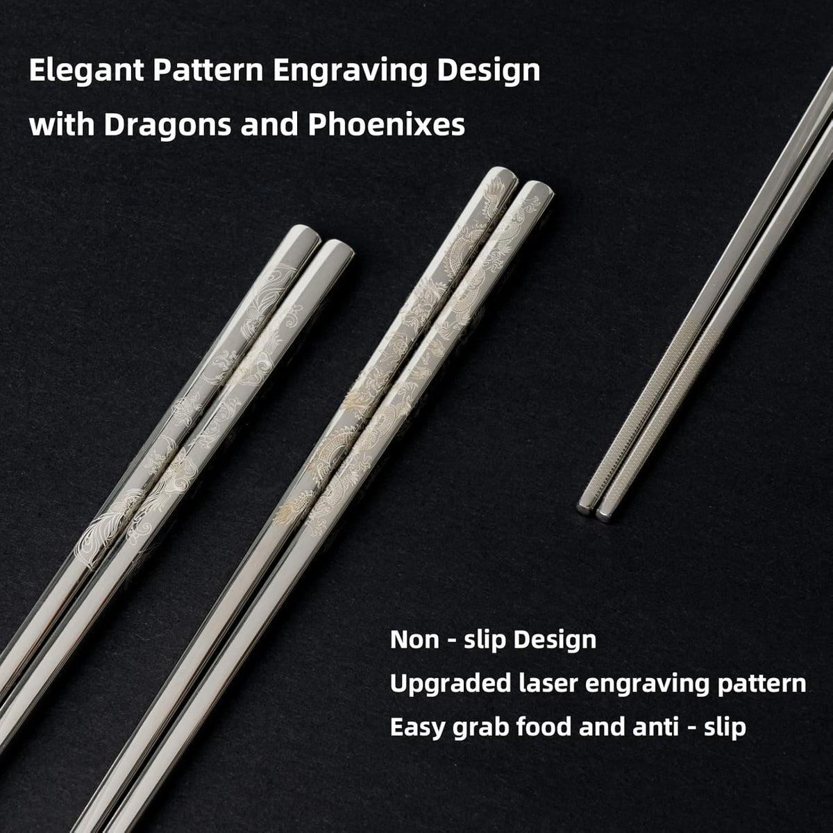 Reusable Metal Chopstick, Laser-Engraved Non-Slip Grip, Dishwasher Safe, Japanese & Korean Style, 2 Pairs Stainless Steel Chopsticks Gift Set for Cooking, Dining & Travel (9")