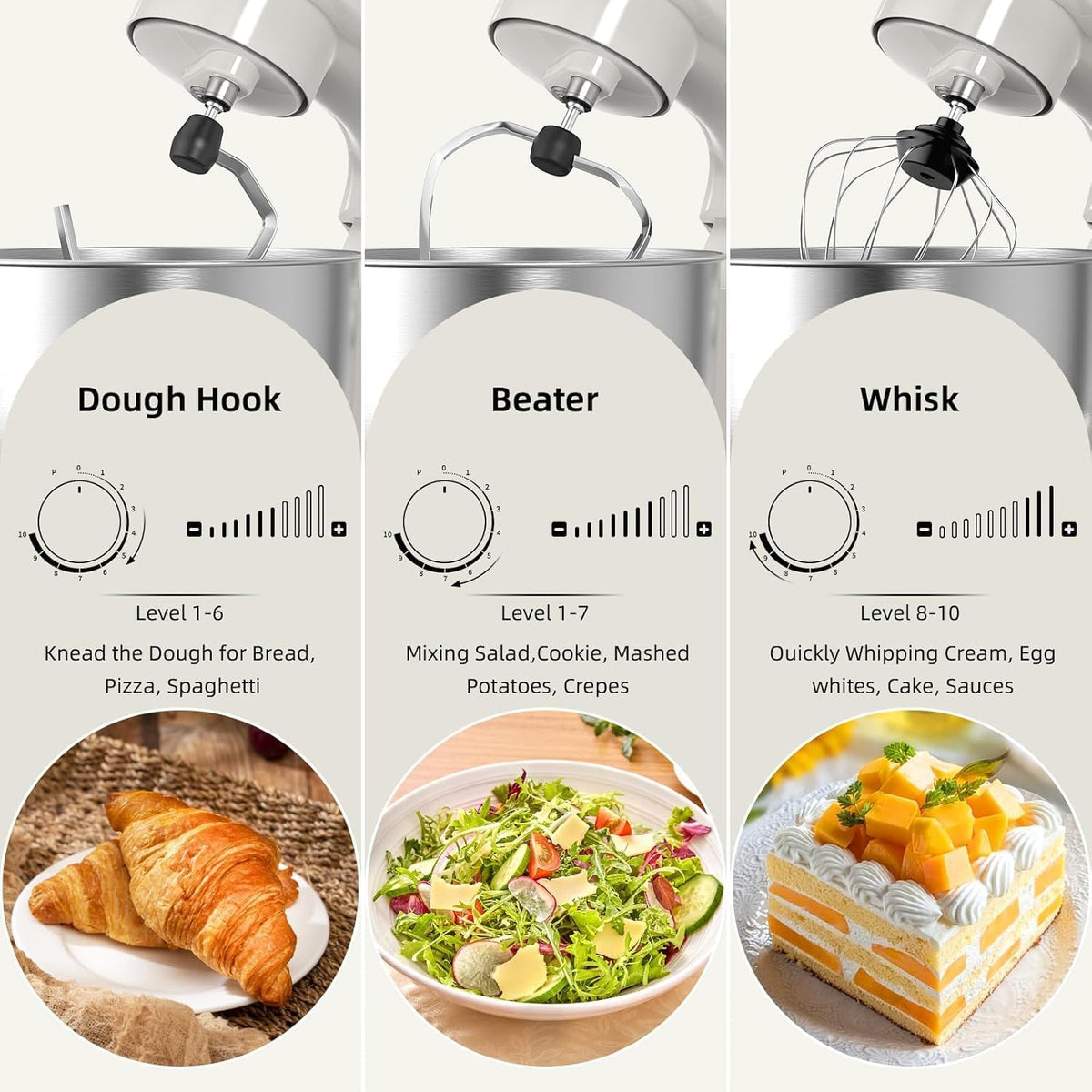 Electric Stand Mixer,10 Speeds Tilt-Head Food Mixer, 3-IN-1 Kitchen Mixer for Daily Cooks with Dishwasher-Safe 6.5 QT Bowl,Dough Hook, Beater, Whisk (Almond Cream)
