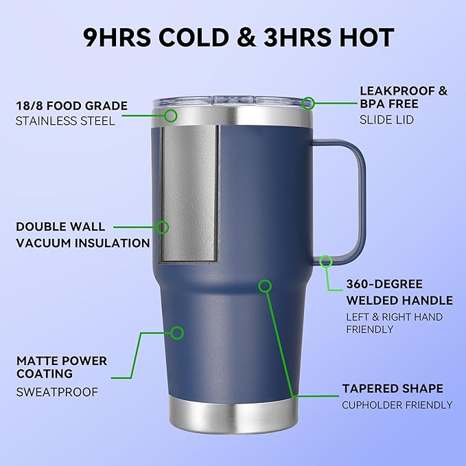 20 oz Stainless Steel Tumbler with Handle Metal Insulated Coffee Travel Mug with Handle Double Wall Tumbler Cup with Lid and Straw, Navy 1 Pack