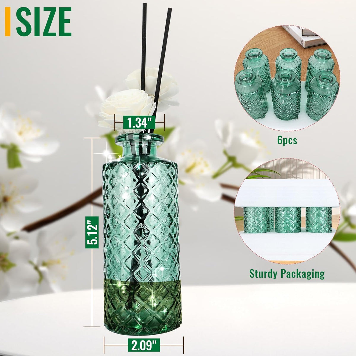 Glass Flower Vase, Green, Aromatherapy Bottle, Small Vase, 6 Sets, Simple Style, Centerpieces for Table, for Home Decoration, Birthday, Wedding