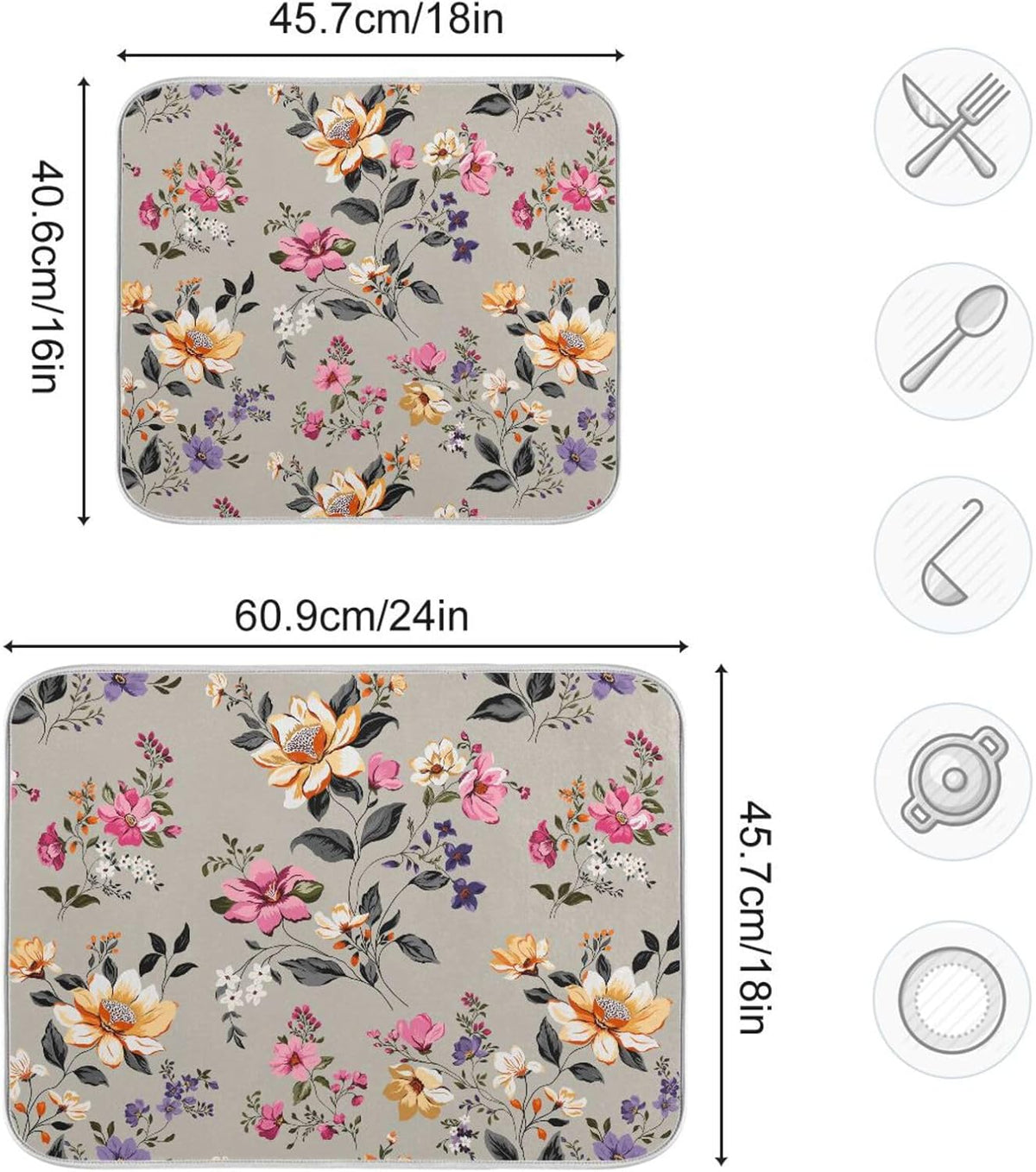 Vintage Flowers Leaves Dish Drying Mat for Kitchen Counter Absorbent Microfiber Drying Pad, Medium 16x18 in, Reversible Drainer Mats