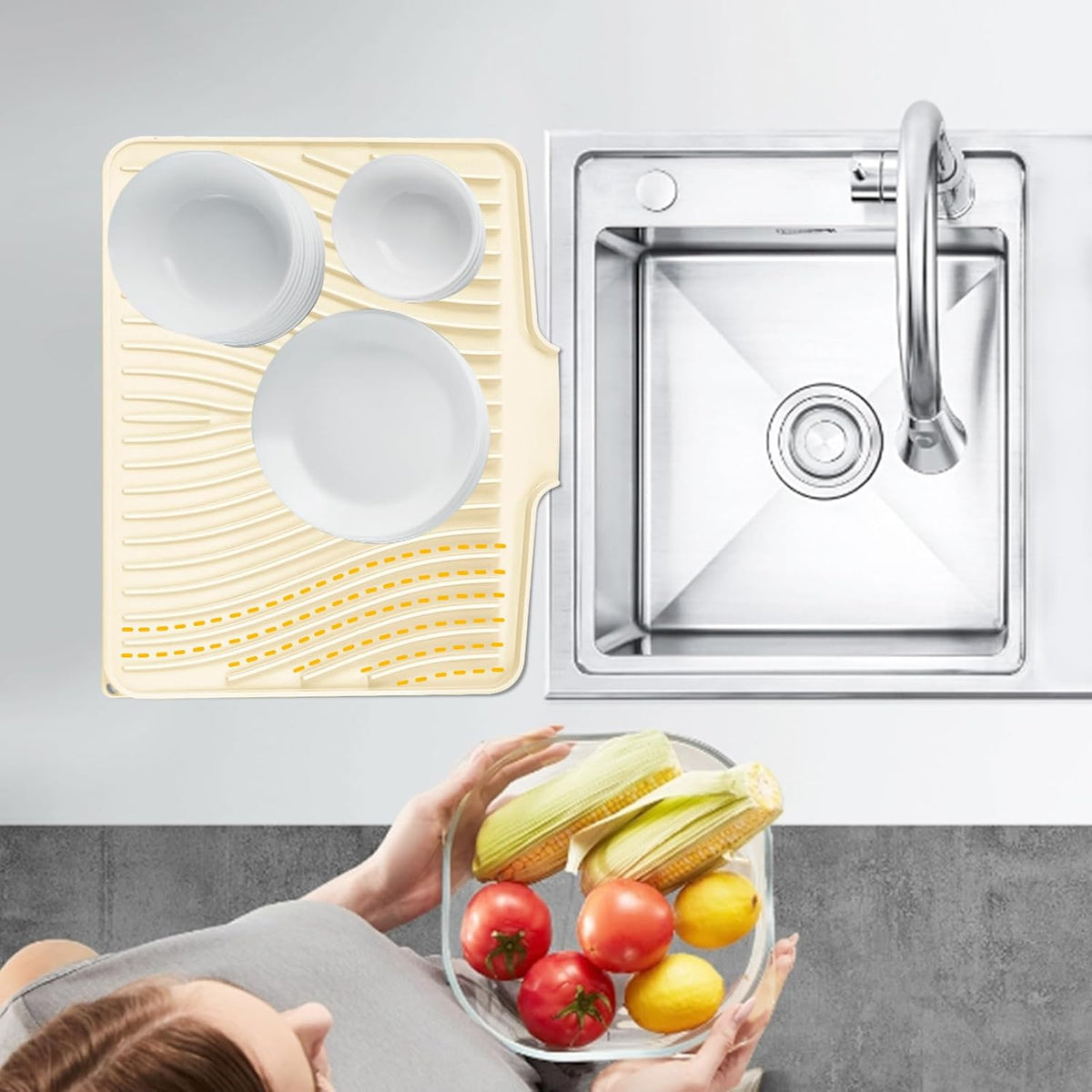 Silicone Dish Drying Mat for Kitchen Counter, Dish Drying Pad, Non-Slip Drain Pad with Built-in Drain, Heat Resistant Stone Drying Mat(Yellowish 15.8" x 13")