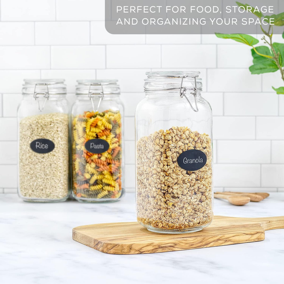 JoyJolt Airtight Glass Jars with Lids Set of 3. 78oz Glass Jar with Lid and 6 Silicone Seals! Large Glass Food Storage Containers. Square Mason Jar for Candy, Flour, Pasta Containers for Pantry