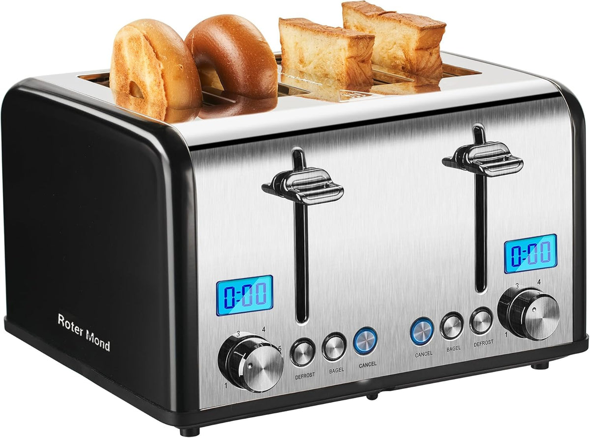 Countdown Stainless Steel 4 Slice Toaster with Bagel, Defrost, Cancel Function, Dual Toaster, Extra Wide Slots, 6 Shade Settings, Removable Crumb Trays, 1650W, Black