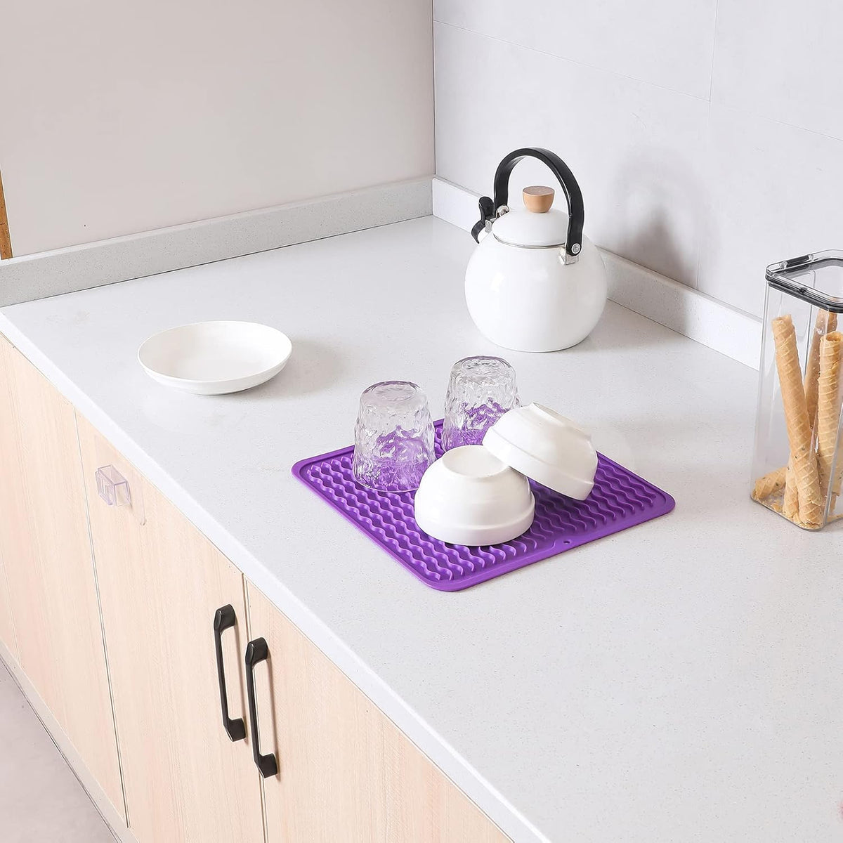 Silicone Dish Drying Mat for Multiple Usage,Easy clean,Eco-friendly,Heat-resistant Silicone Mat for Kitchen Counter or Sink,Refrigerator or Drawer liner Purple M 12 inches x 12 inches