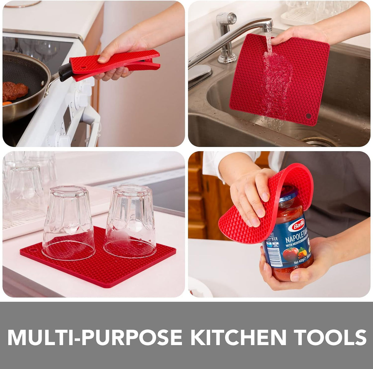 Joyhalo Trivets for Hot Dishes - Hot Pads for Kitchen, Silicone Pot Holders for Hot Pots and Pans, Silicone Mats for Kitchen Countertops, Table, Flexible Easy to Wash and Dry, Red