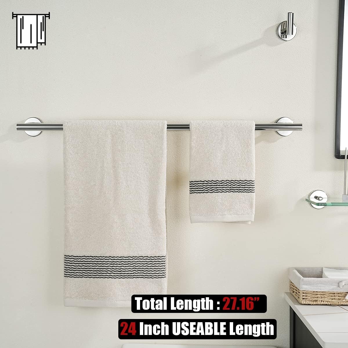 JQK Chrome Towel Bar, 27 Inch 304 Stainless Steel Thicken 0.8mm Towel Rack Bathroom, Towel Holder Polished Finished Wall Mount, Useable Length 24 Inch 2 Pack, TB110L24-CH-P2