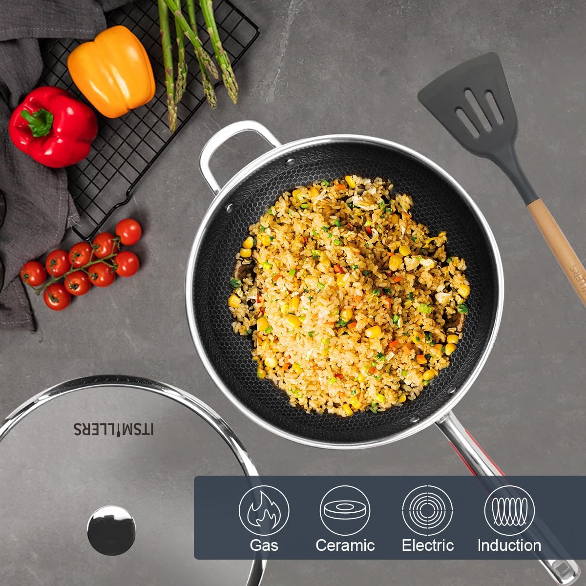 Tri-ply Stainless Steel Wok with Lid, 13.5'' PFOA Free Nonstick Stir Fry Pan, Induction Compatible, Dishwasher and Oven Safe, Scratch-resistant Surface