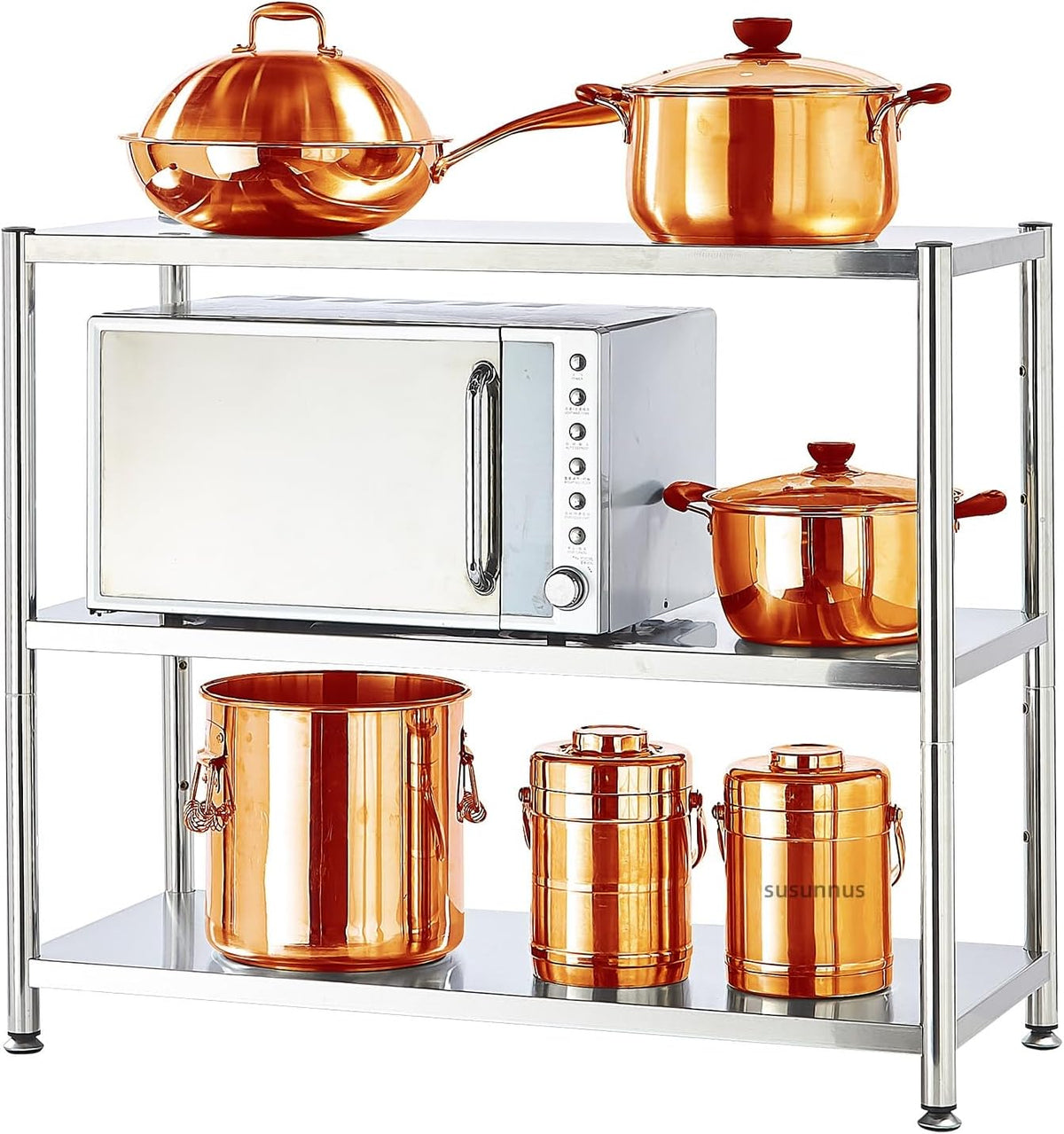susunnus 3-Tier Stainless Steel Shelf, Heavy Duty Shelving for Kitchen, Garage, Industrial Storage, Kitchen Shelves Adjustable Feet, Easy to Clean(35.8in*15.8without Guardrails)