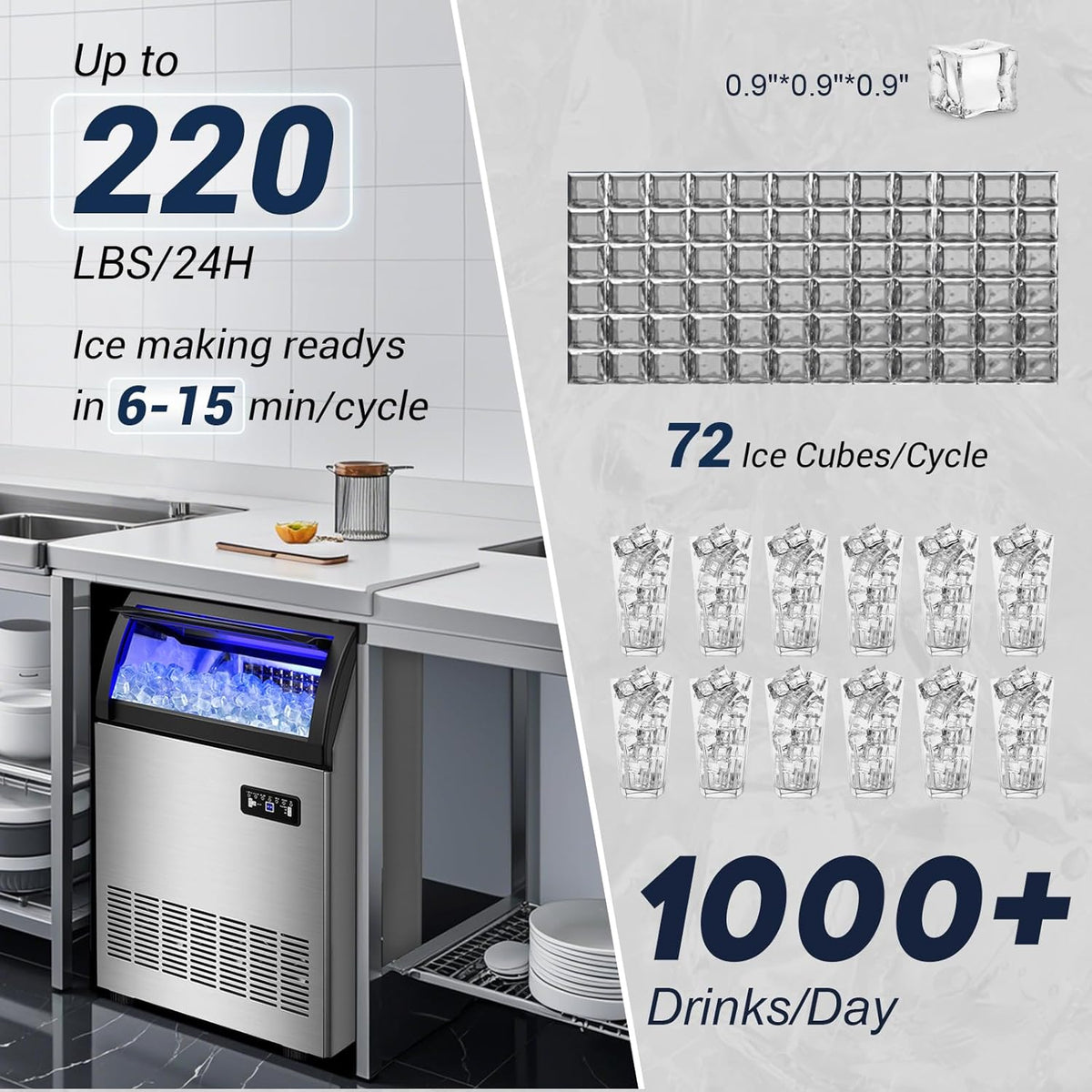 220LBS Commercial Ice Maker Machine - 72PCS Ice Cubes per Round, Undercounter/Freestanding Ice Machine, 55LBS Ice Storage Capacity for Home Bar and Outdoor, Stainless Steel Self-Cleaning